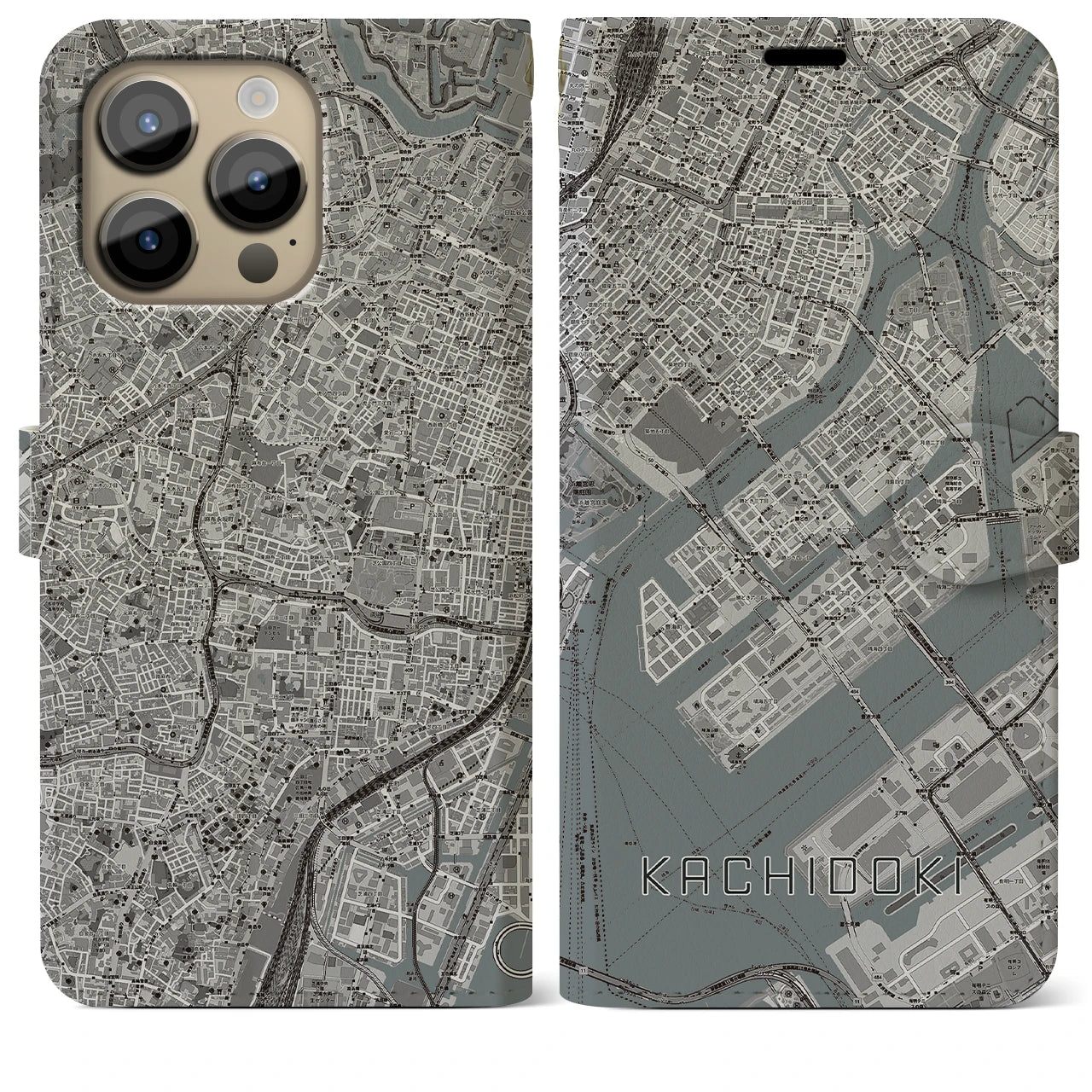 【勝どき（東京都）】地図柄iPhoneケース（手帳タイプ）モノトーン・iPhone 14 Pro Max 用