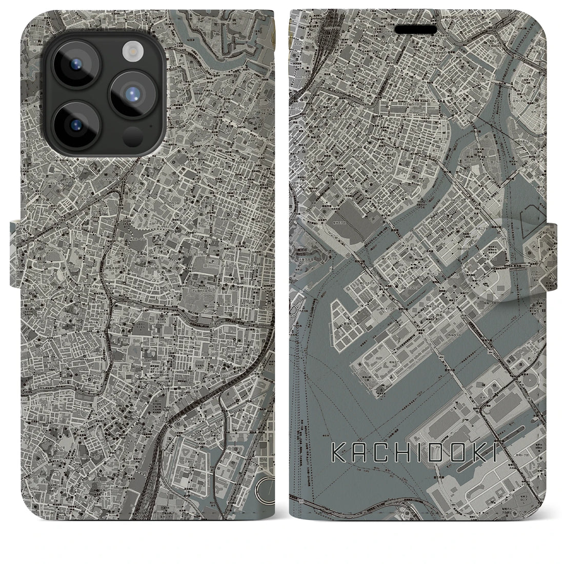 【勝どき】地図柄iPhoneケース（手帳両面タイプ・モノトーン）iPhone 15 Pro Max 用