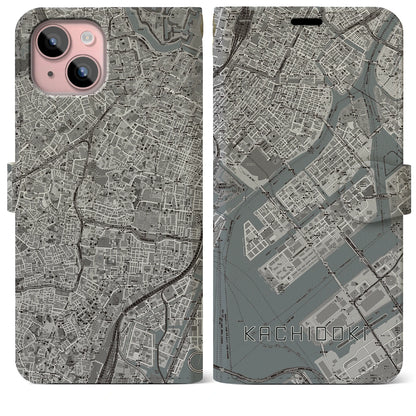 【勝どき（東京都）】地図柄iPhoneケース（手帳タイプ）モノトーン・iPhone 15 Plus 用