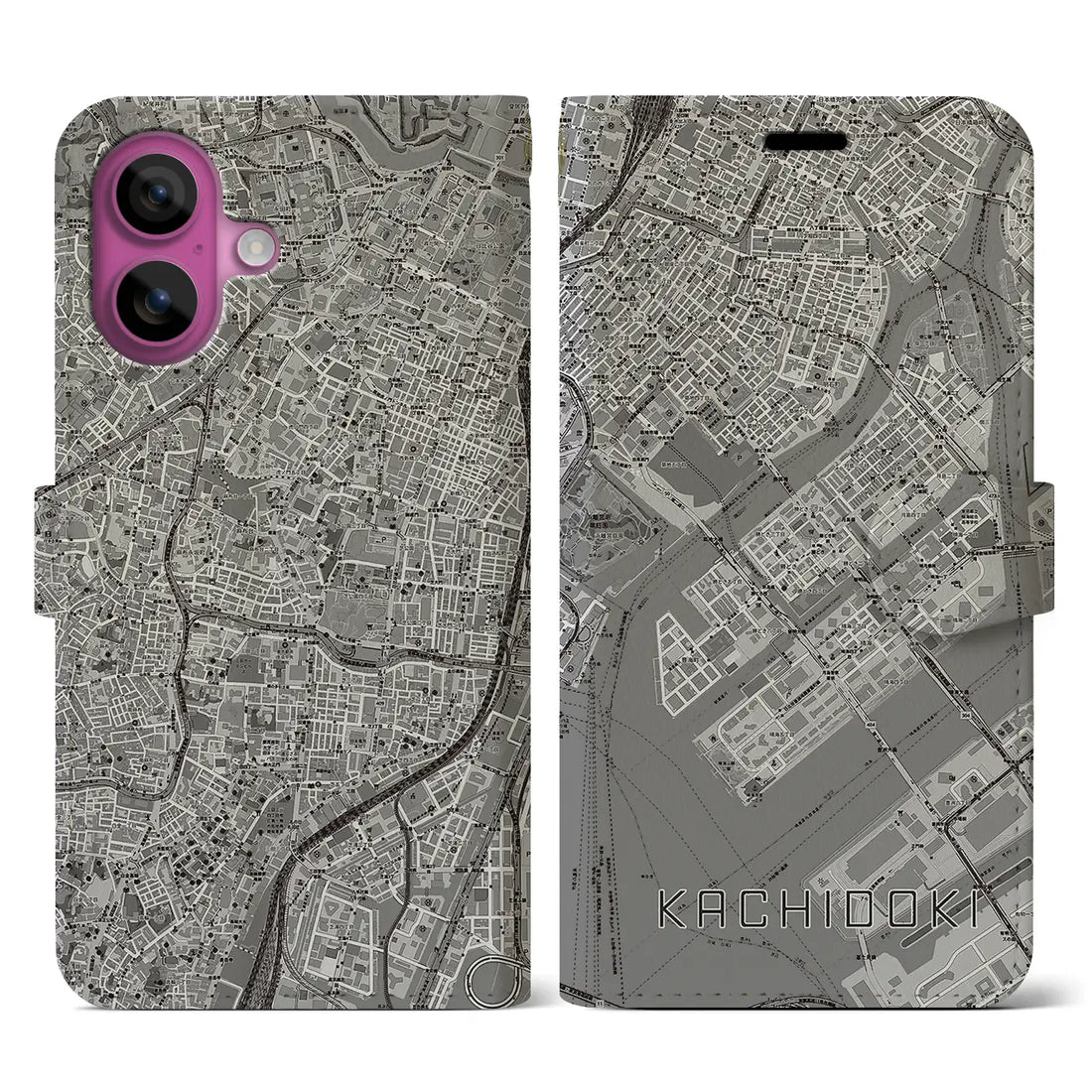 【勝どき（東京都）】地図柄iPhoneケース（手帳タイプ）モノトーン・iPhone 16 Pro 用