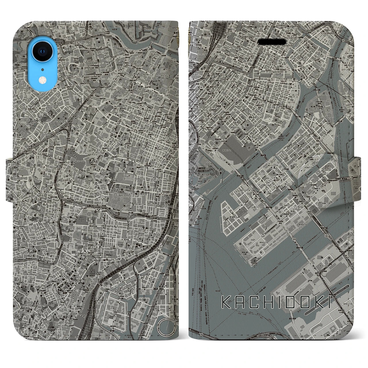 【勝どき（東京都）】地図柄iPhoneケース（手帳タイプ）モノトーン・iPhone XR 用