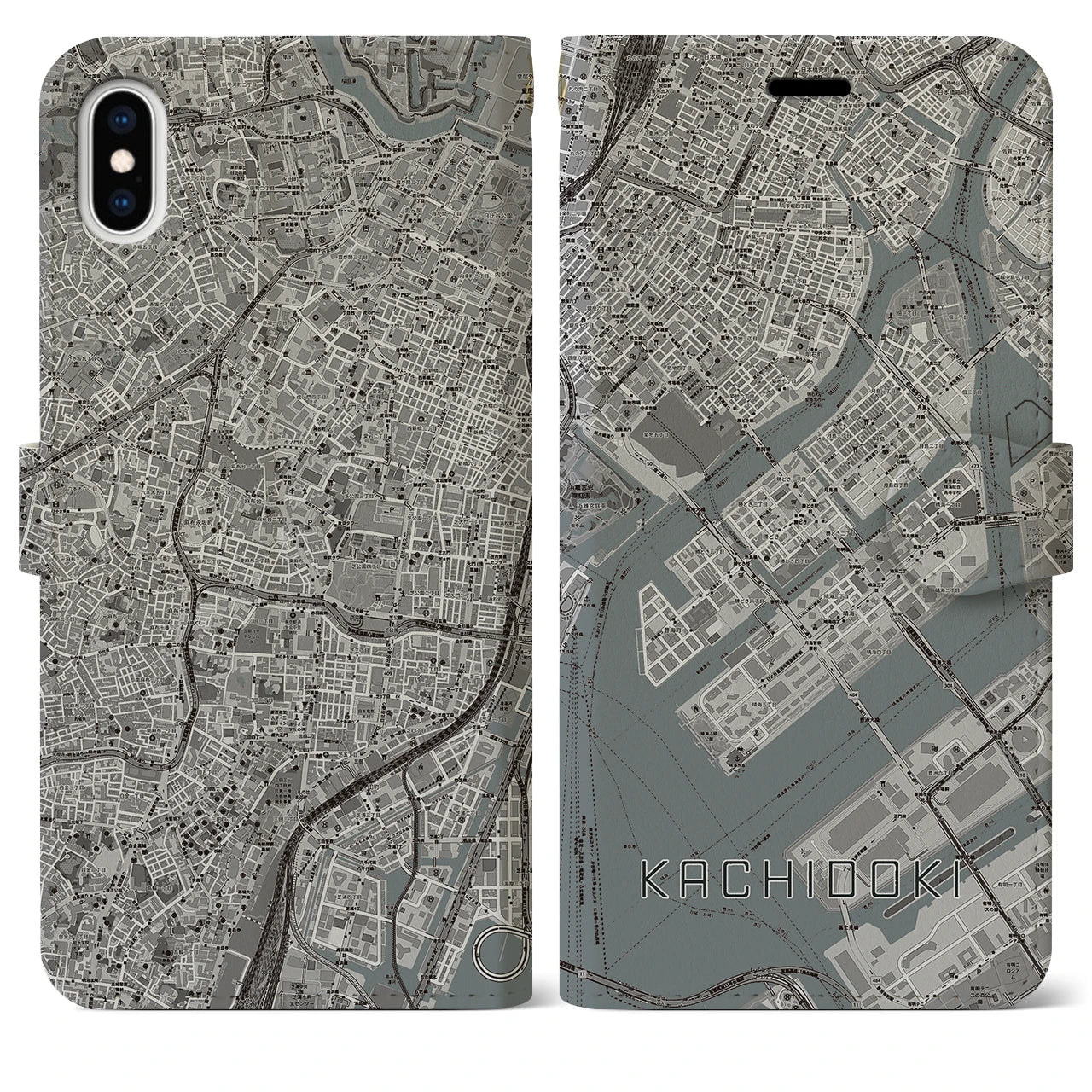 【勝どき（東京都）】地図柄iPhoneケース（手帳タイプ）モノトーン・iPhone XS Max 用