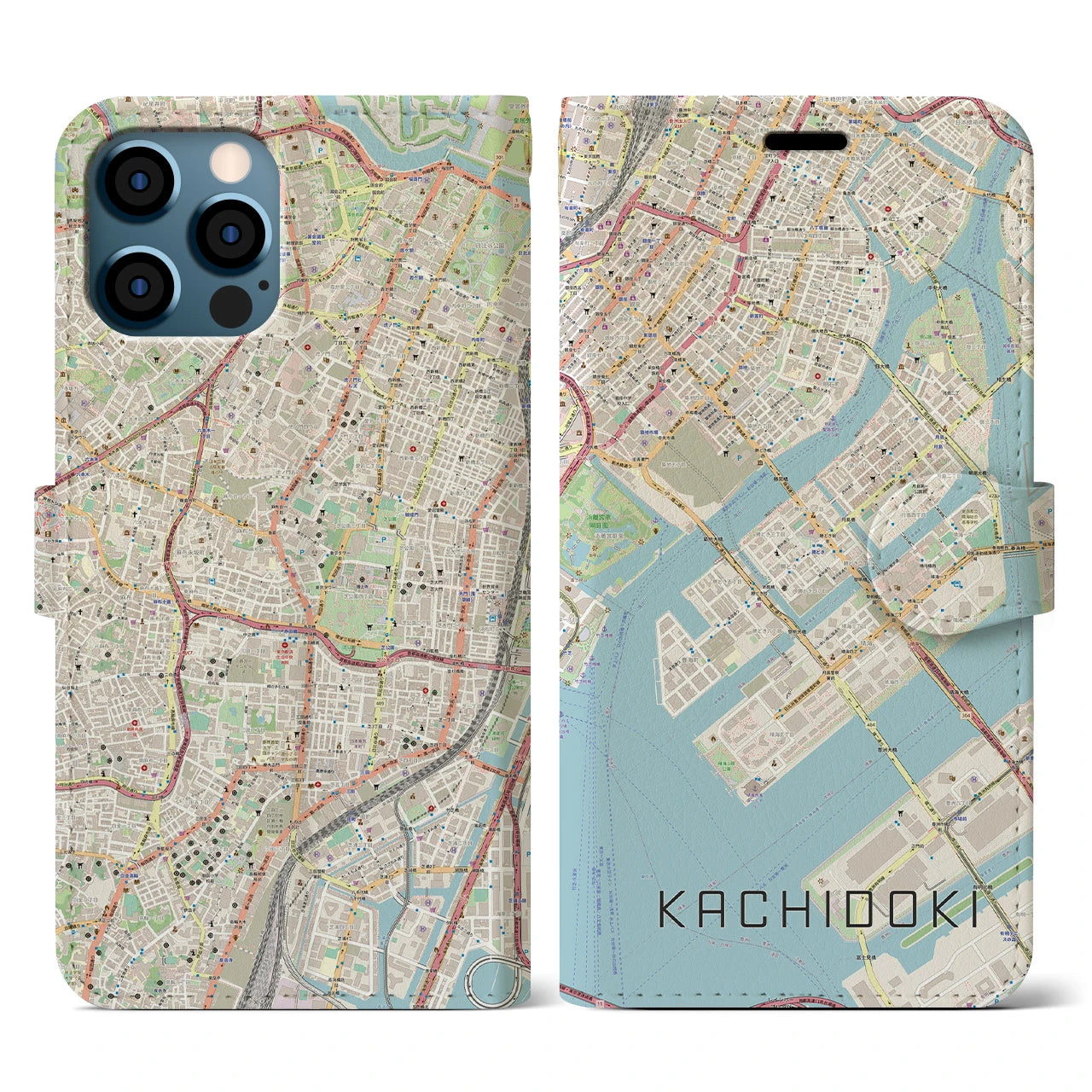 【勝どき（東京都）】地図柄iPhoneケース（手帳タイプ）ナチュラル・iPhone 12 / 12 Pro 用