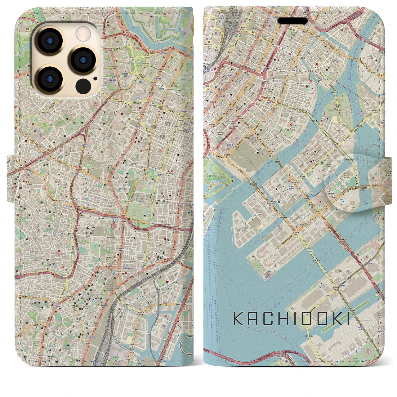 【勝どき（東京都）】地図柄iPhoneケース（手帳タイプ）ナチュラル・iPhone 12 Pro Max 用