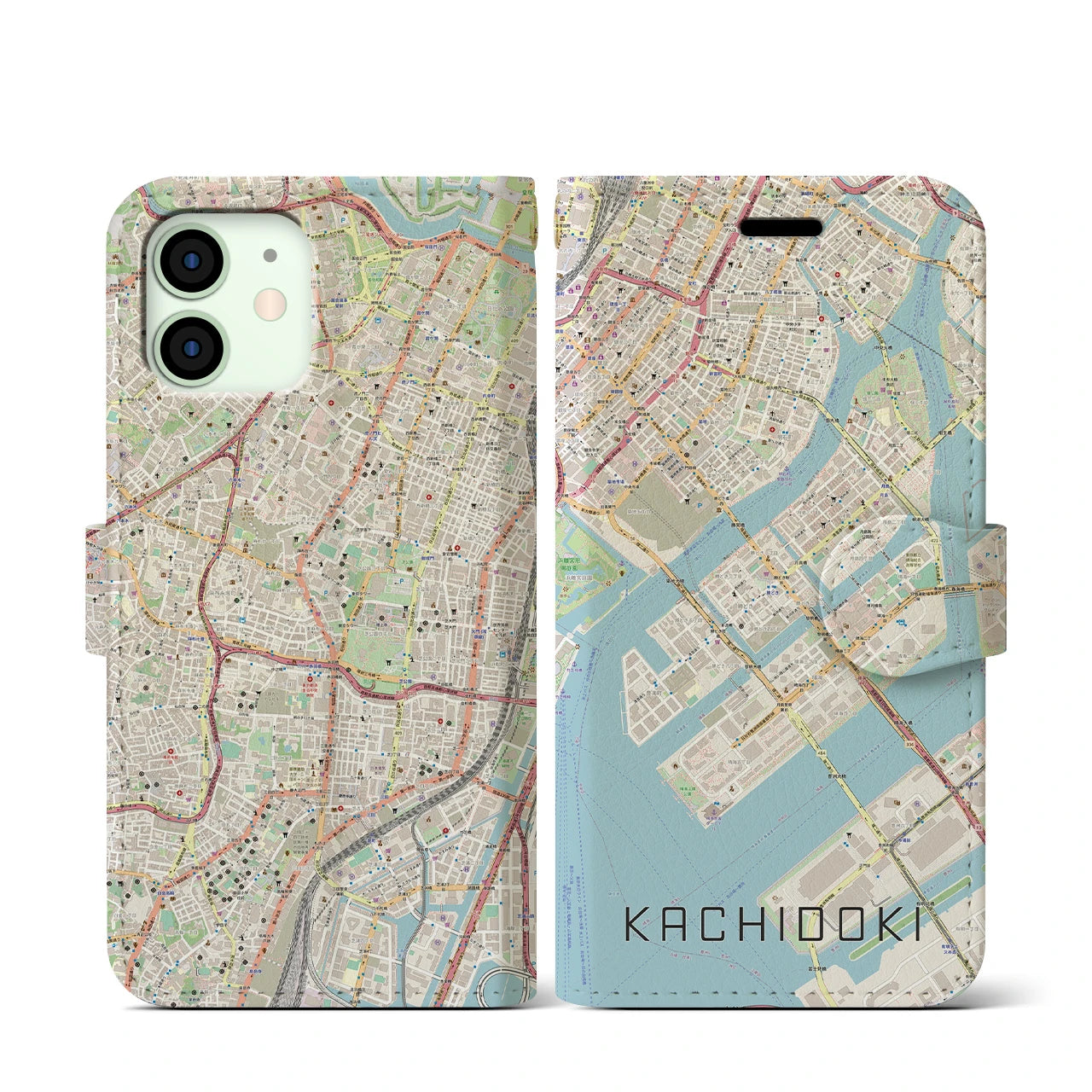 【勝どき（東京都）】地図柄iPhoneケース（手帳タイプ）ナチュラル・iPhone 12 mini 用