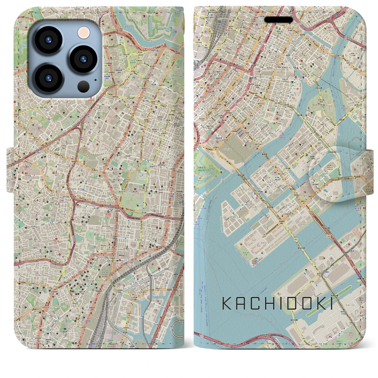 【勝どき（東京都）】地図柄iPhoneケース（手帳タイプ）ナチュラル・iPhone 13 Pro Max 用