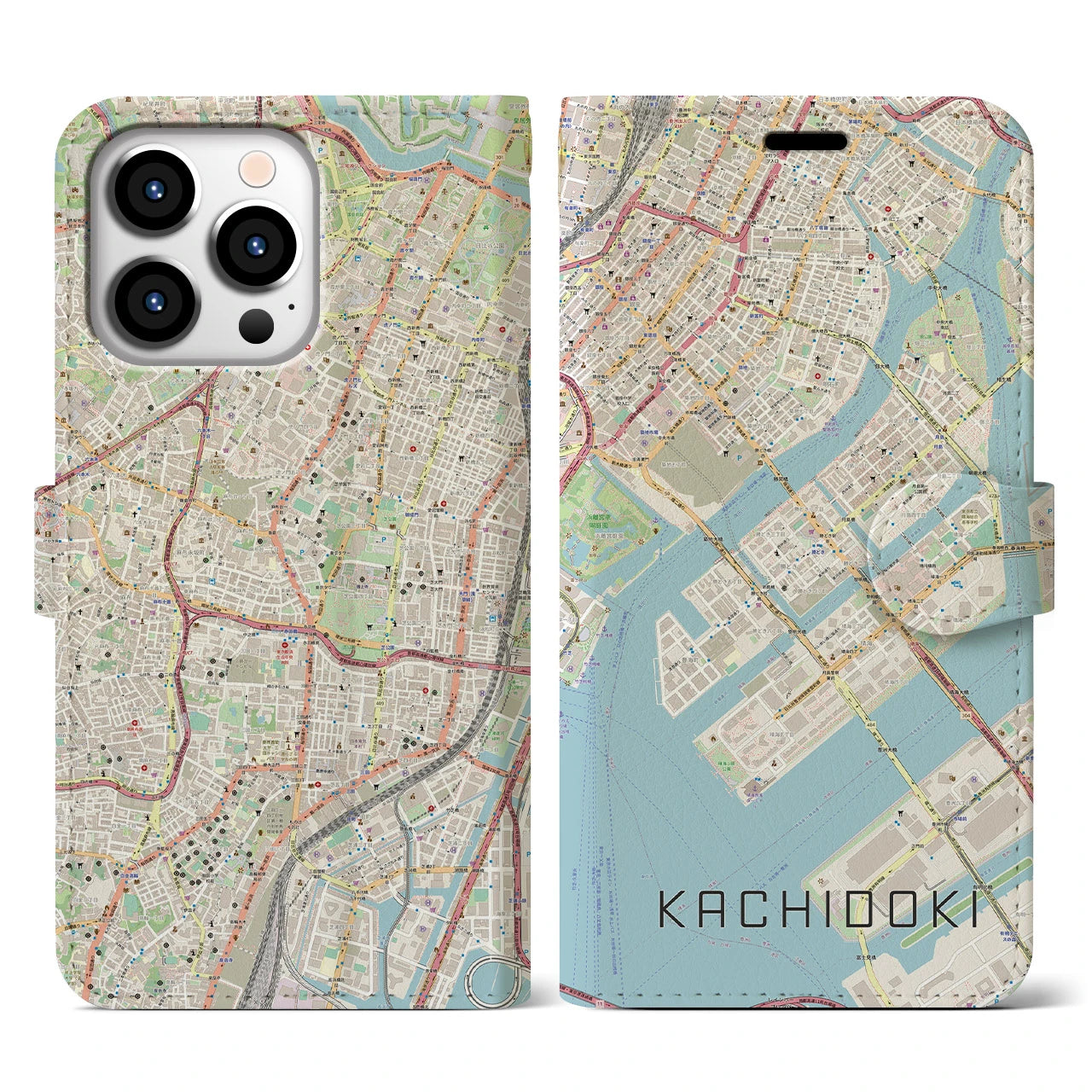 【勝どき（東京都）】地図柄iPhoneケース（手帳タイプ）ナチュラル・iPhone 13 Pro 用