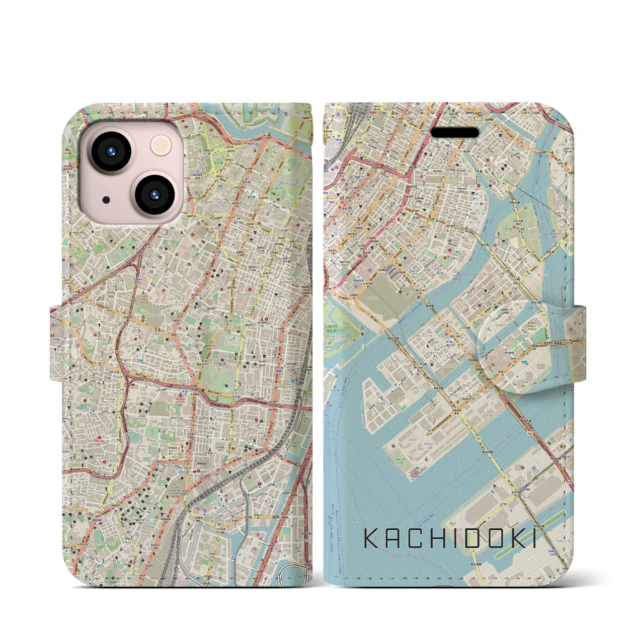 【勝どき（東京都）】地図柄iPhoneケース（手帳タイプ）ナチュラル・iPhone 13 mini 用