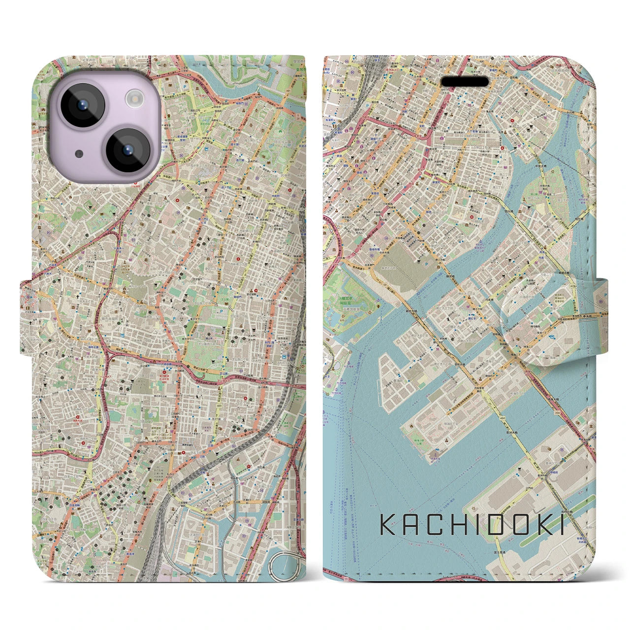 【勝どき（東京都）】地図柄iPhoneケース（手帳タイプ）ナチュラル・iPhone 14 用