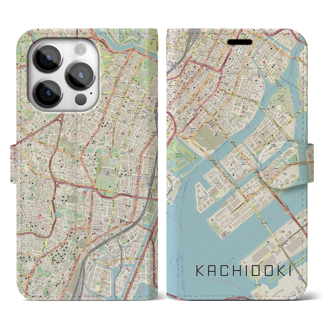 【勝どき（東京都）】地図柄iPhoneケース（手帳タイプ）ナチュラル・iPhone 14 Pro 用