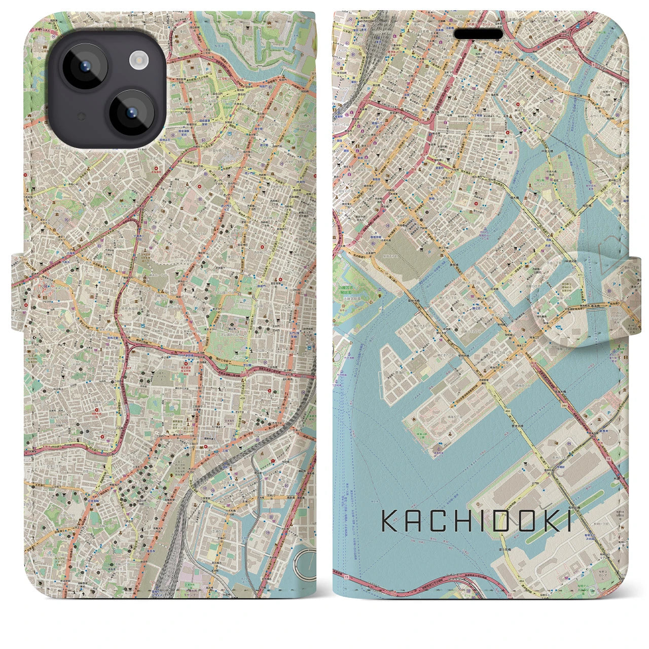 【勝どき（東京都）】地図柄iPhoneケース（手帳タイプ）ナチュラル・iPhone 14 Plus 用