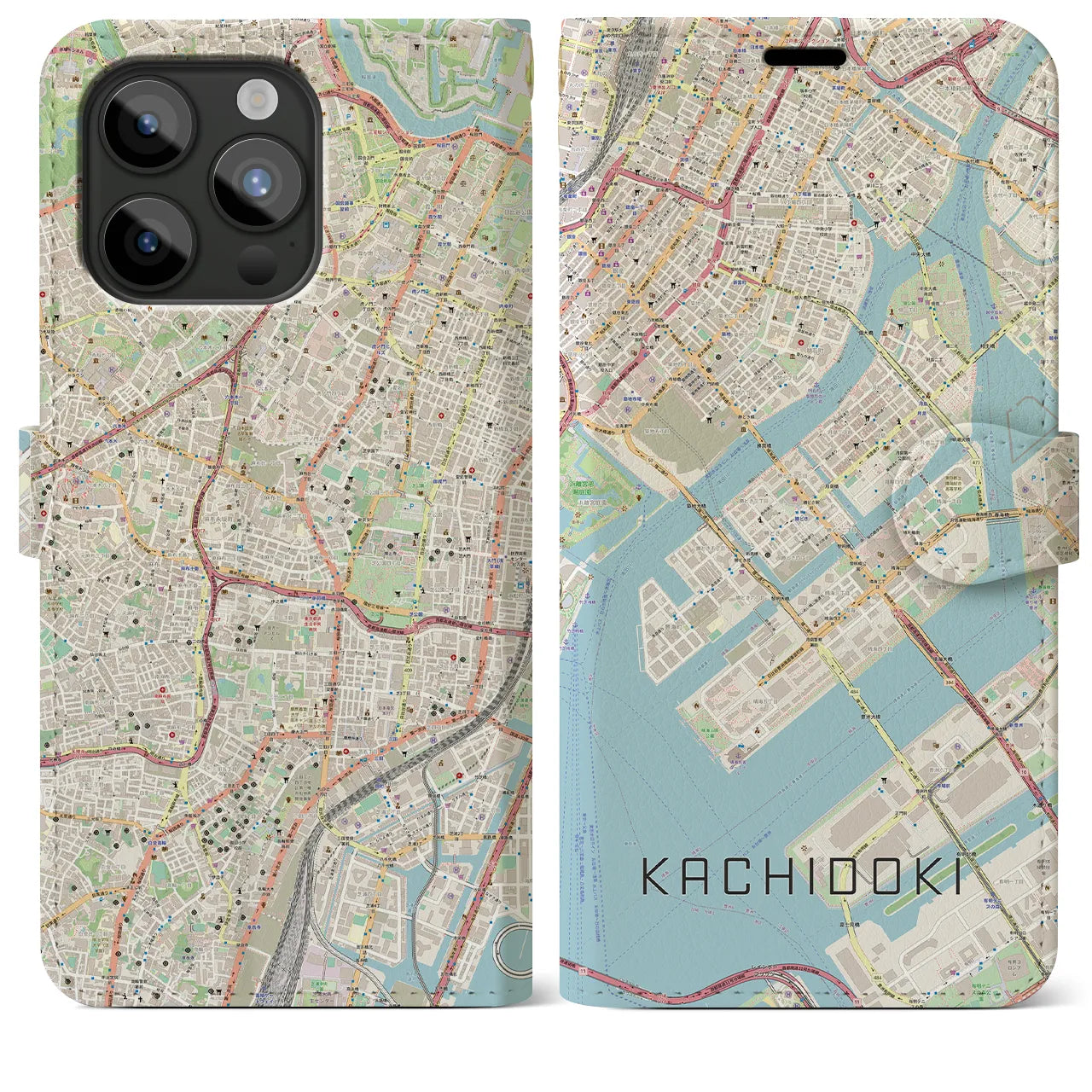 【勝どき（東京都）】地図柄iPhoneケース（手帳タイプ）ナチュラル・iPhone 15 Pro Max 用