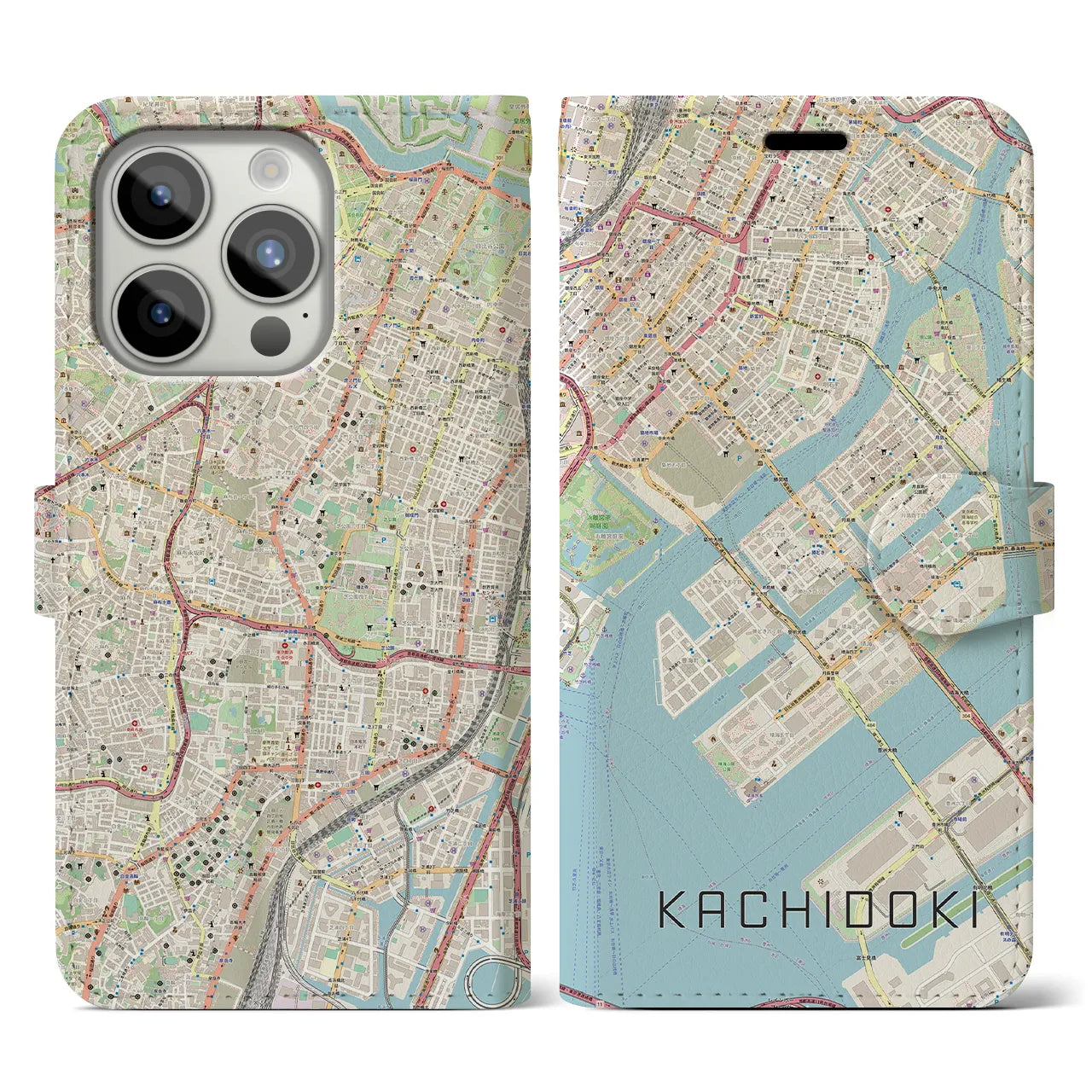 【勝どき（東京都）】地図柄iPhoneケース（手帳タイプ）ナチュラル・iPhone 15 Pro 用