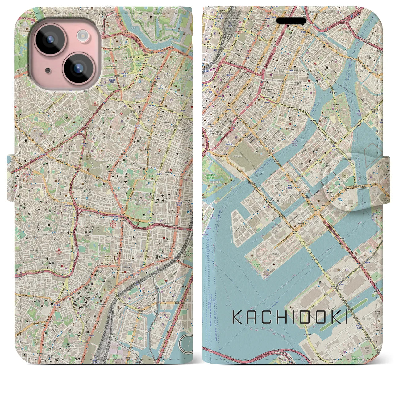 【勝どき（東京都）】地図柄iPhoneケース（手帳タイプ）ナチュラル・iPhone 15 Plus 用