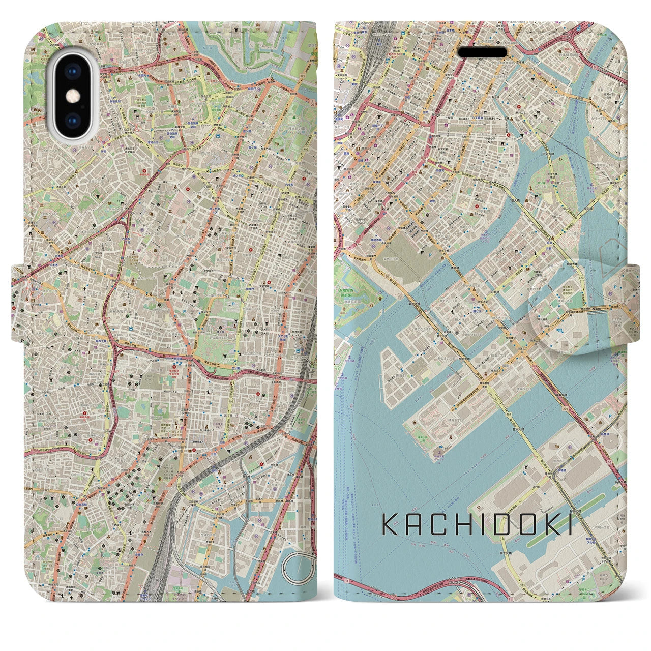 【勝どき（東京都）】地図柄iPhoneケース（手帳タイプ）ナチュラル・iPhone XS Max 用