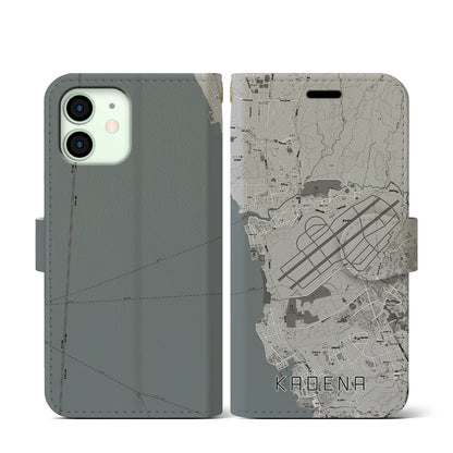 【嘉手納（沖縄県）】地図柄iPhoneケース（手帳タイプ）モノトーン・iPhone 12 mini 用