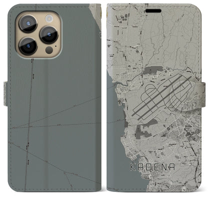 【嘉手納（沖縄県）】地図柄iPhoneケース（手帳タイプ）モノトーン・iPhone 14 Pro Max 用