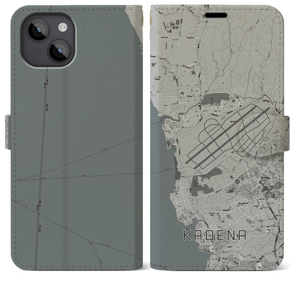 【嘉手納（沖縄県）】地図柄iPhoneケース（手帳タイプ）モノトーン・iPhone 14 Plus 用