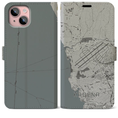 【嘉手納（沖縄県）】地図柄iPhoneケース（手帳タイプ）モノトーン・iPhone 15 Plus 用