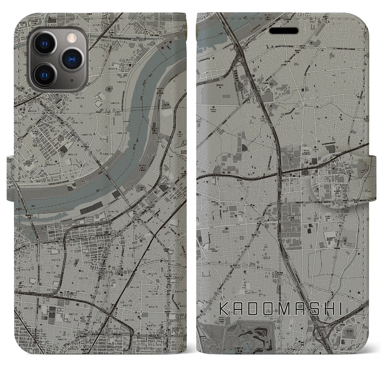 【門真市】地図柄iPhoneケース（手帳両面タイプ・モノトーン）iPhone 11 Pro Max 用
