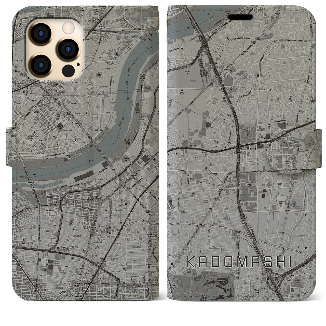【門真市】地図柄iPhoneケース（手帳両面タイプ・モノトーン）iPhone 12 Pro Max 用