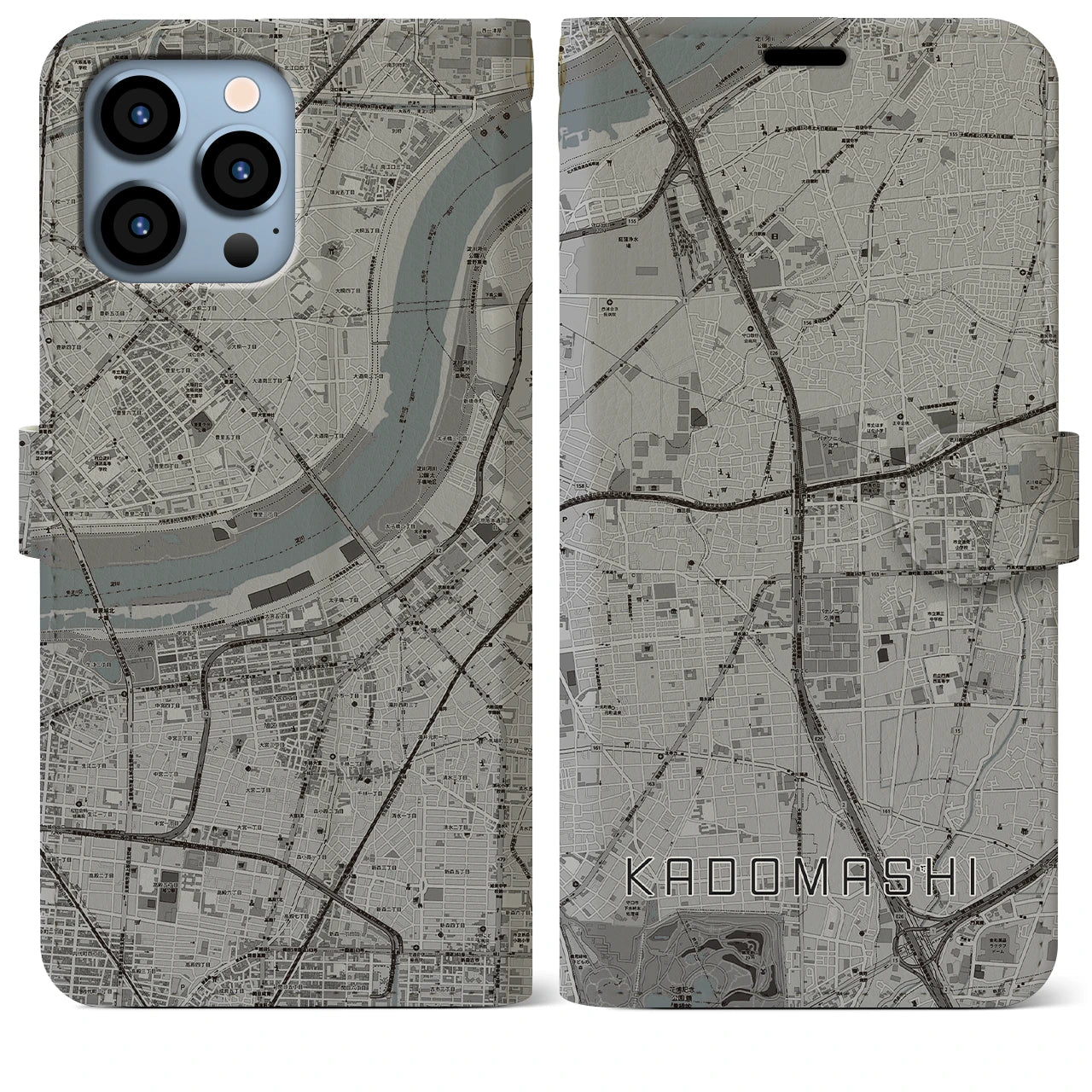 【門真市】地図柄iPhoneケース（手帳両面タイプ・モノトーン）iPhone 13 Pro Max 用