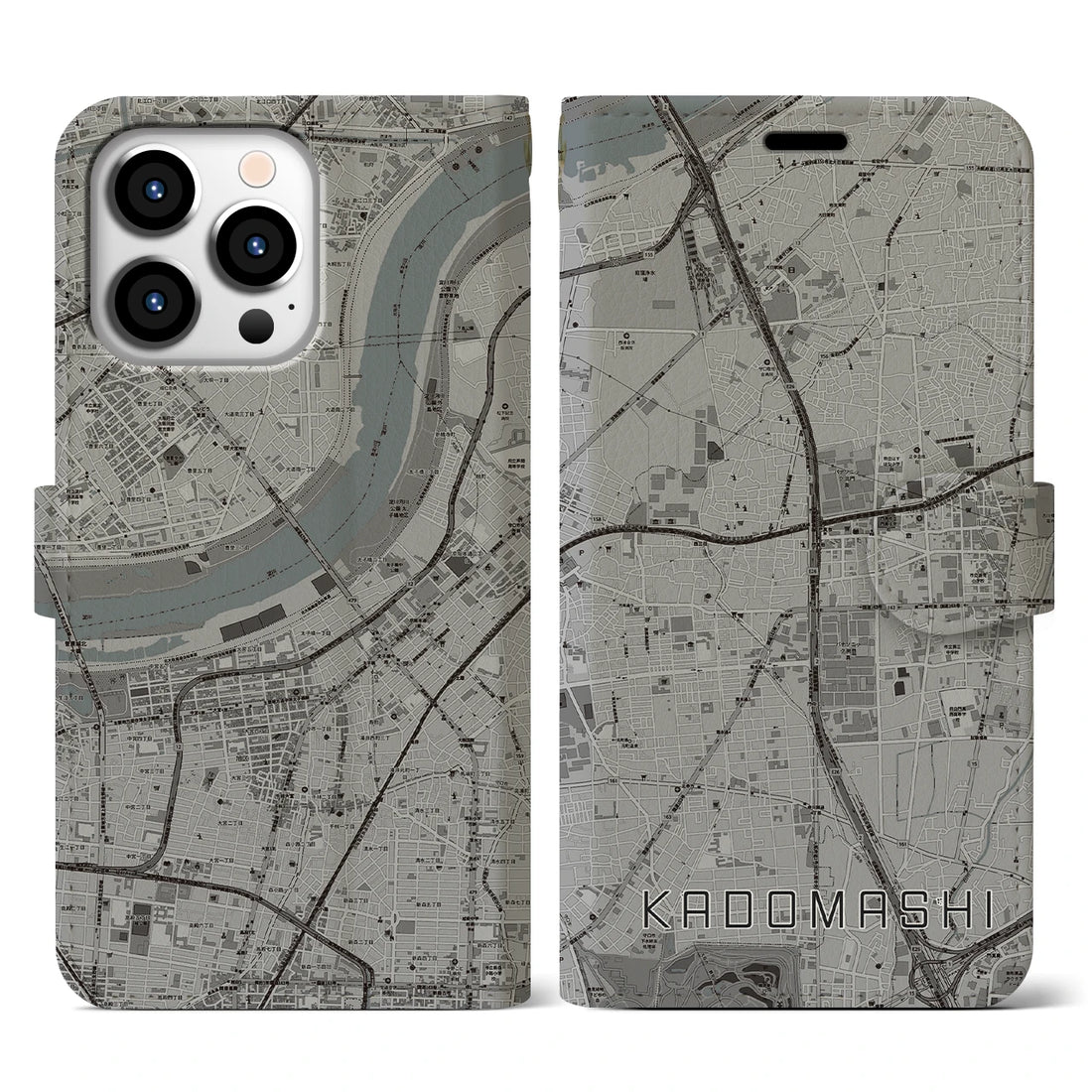 【門真市(大阪府)】地図柄iPhoneケース(手帳タイプ)モノトーン・iPhone 13 Pro 用