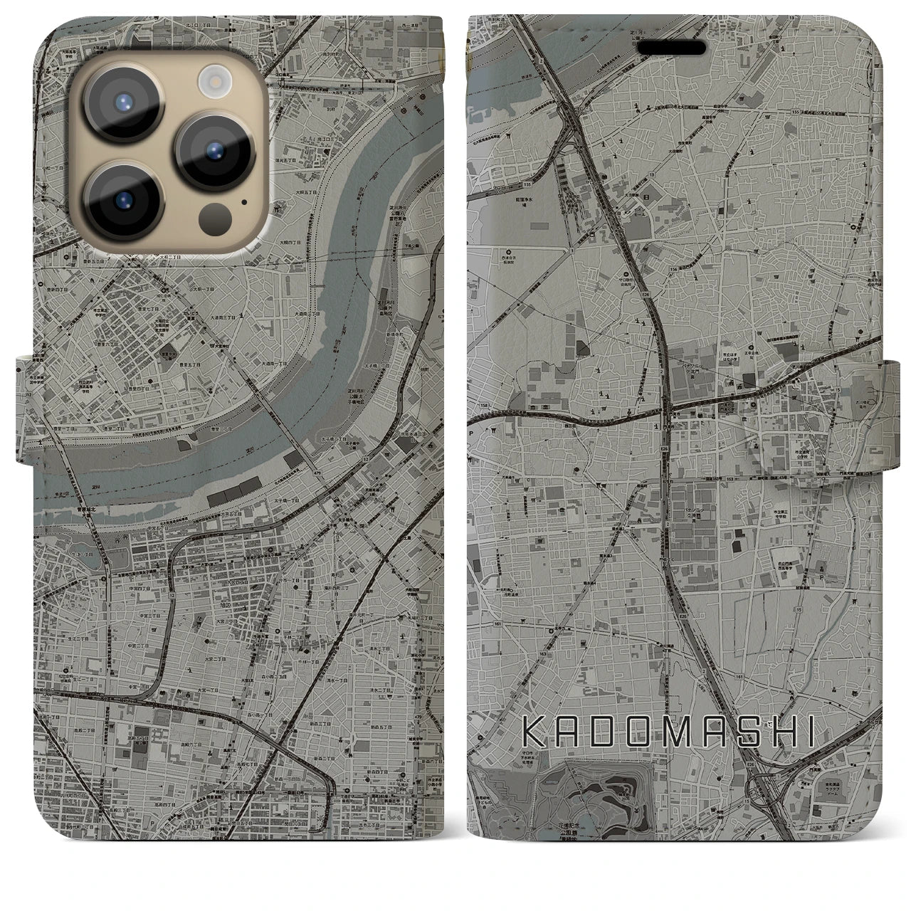 【門真市】地図柄iPhoneケース（手帳両面タイプ・モノトーン）iPhone 14 Pro Max 用