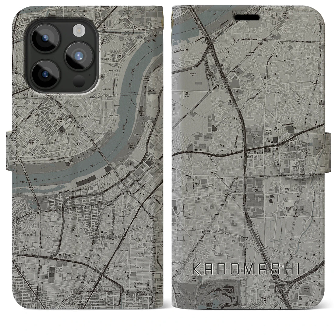 【門真市】地図柄iPhoneケース（手帳両面タイプ・モノトーン）iPhone 15 Pro Max 用