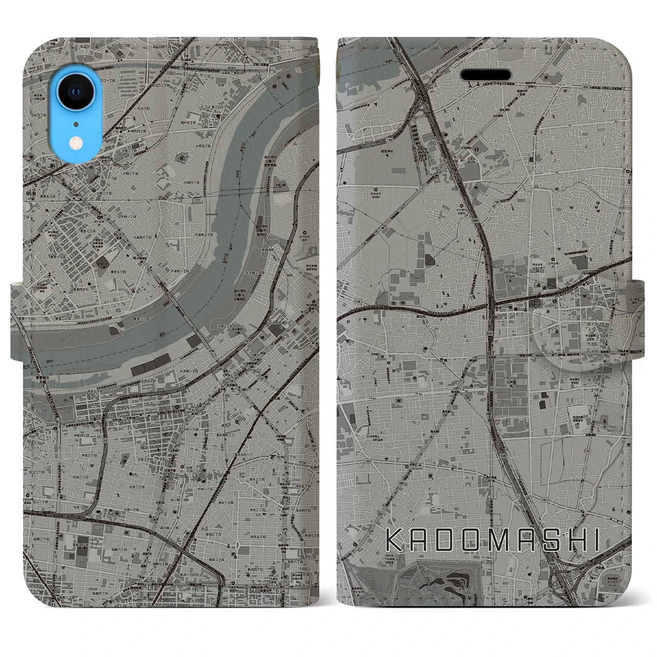 【門真市】地図柄iPhoneケース（手帳両面タイプ・モノトーン）iPhone XR 用