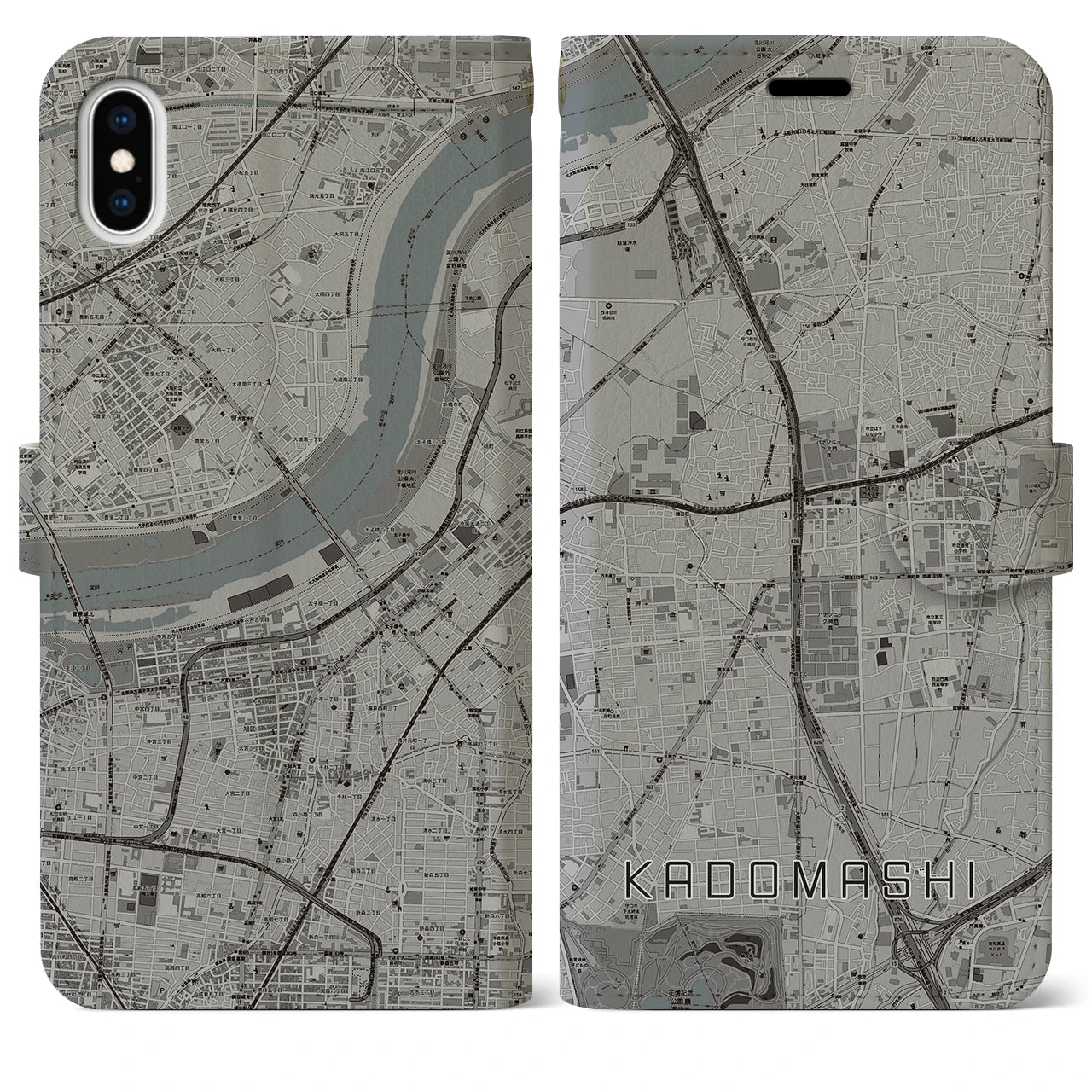 【門真市】地図柄iPhoneケース（手帳両面タイプ・モノトーン）iPhone XS Max 用