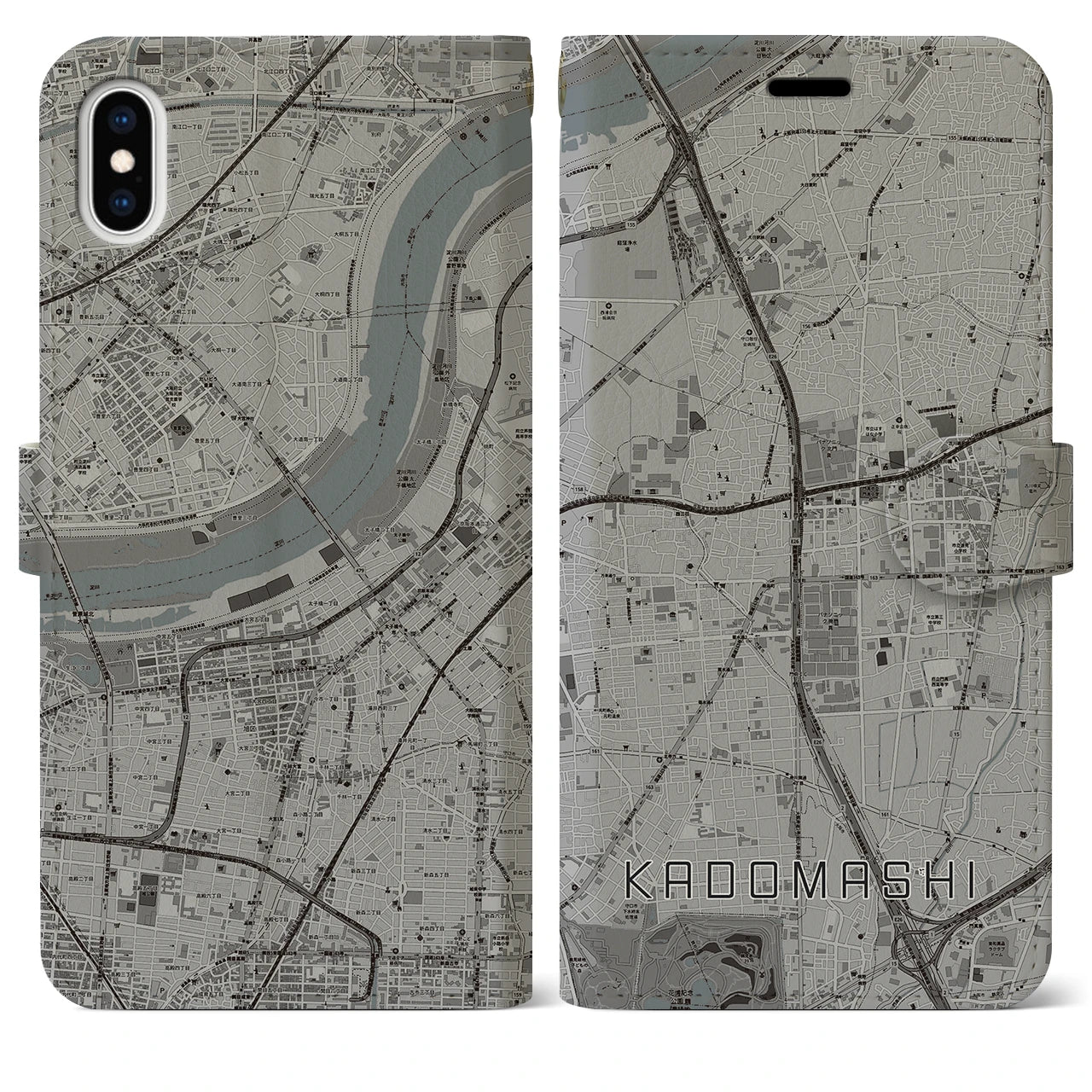 【門真市（大阪府）】地図柄iPhoneケース（手帳タイプ）モノトーン・iPhone XS Max 用