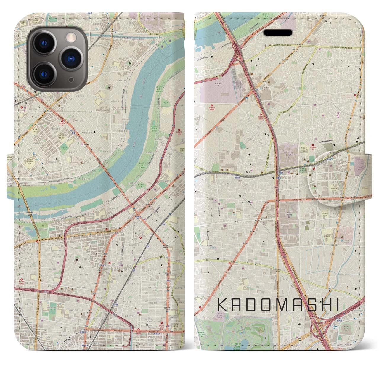 【門真市（大阪府）】地図柄iPhoneケース（手帳タイプ）ナチュラル・iPhone 11 Pro Max 用