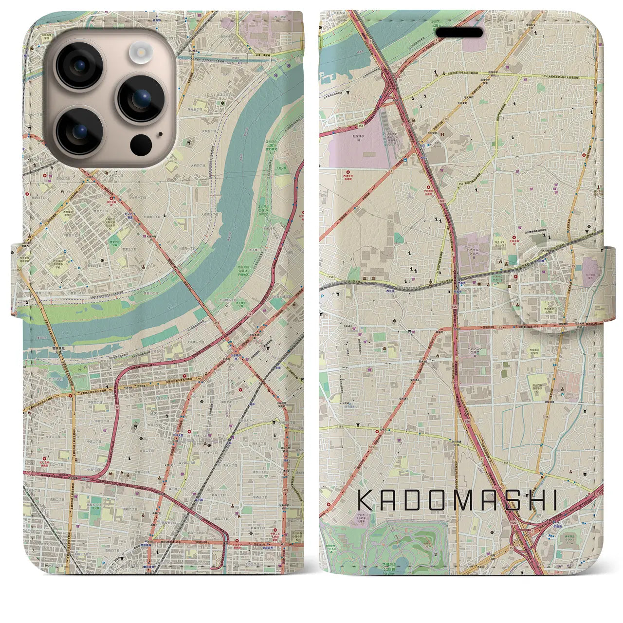 【門真市（大阪府）】地図柄iPhoneケース（手帳タイプ）ナチュラル・iPhone 16 Plus 用