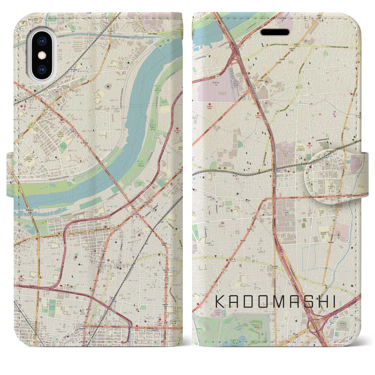 【門真市（大阪府）】地図柄iPhoneケース（手帳タイプ）ナチュラル・iPhone XS Max 用