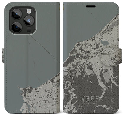 【加賀（石川県）】地図柄iPhoneケース（手帳タイプ）モノトーン・iPhone 15 Pro Max 用