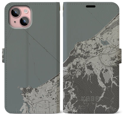 【加賀（石川県）】地図柄iPhoneケース（手帳タイプ）モノトーン・iPhone 15 Plus 用