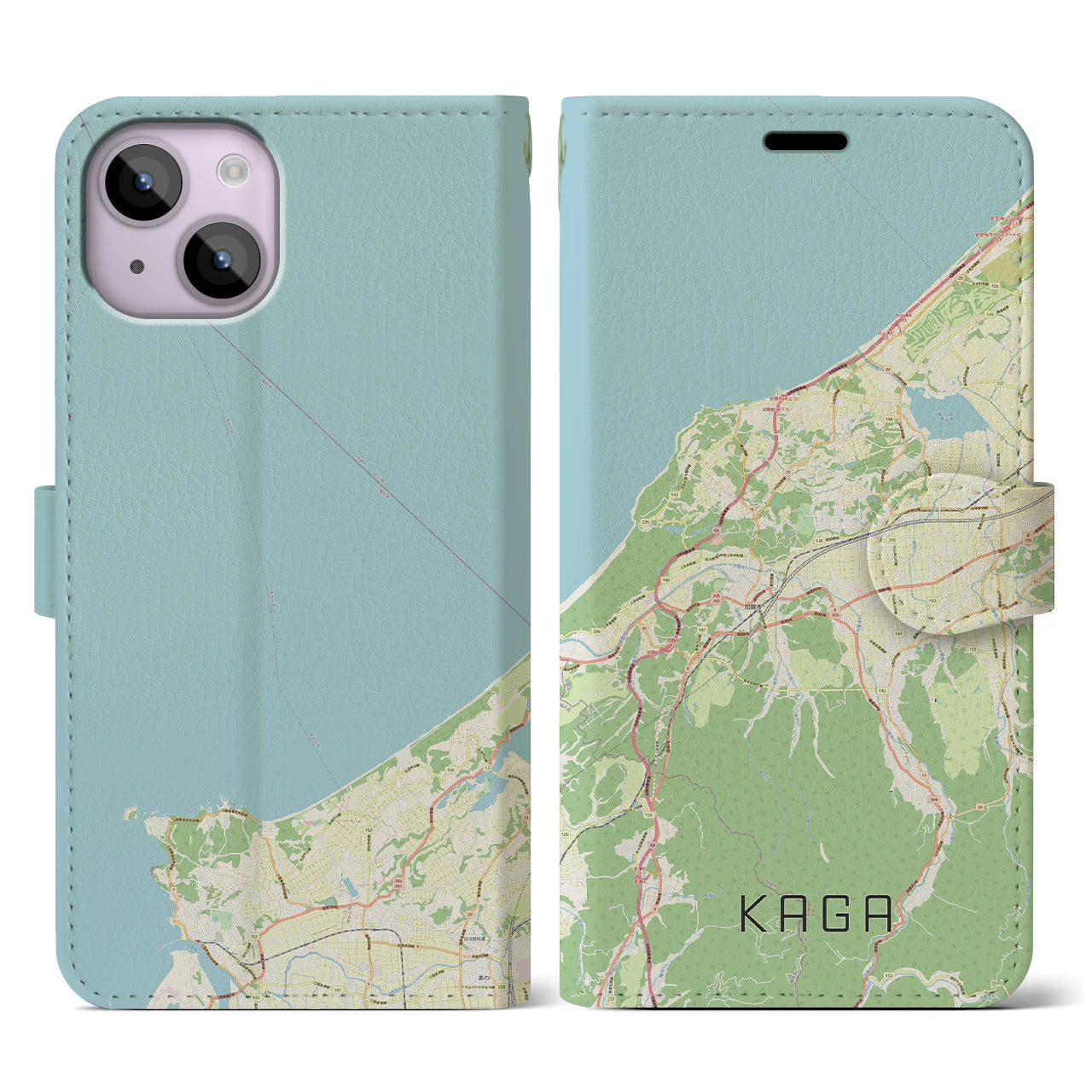 【加賀（石川県）】地図柄iPhoneケース（手帳タイプ）ナチュラル・iPhone 14 用