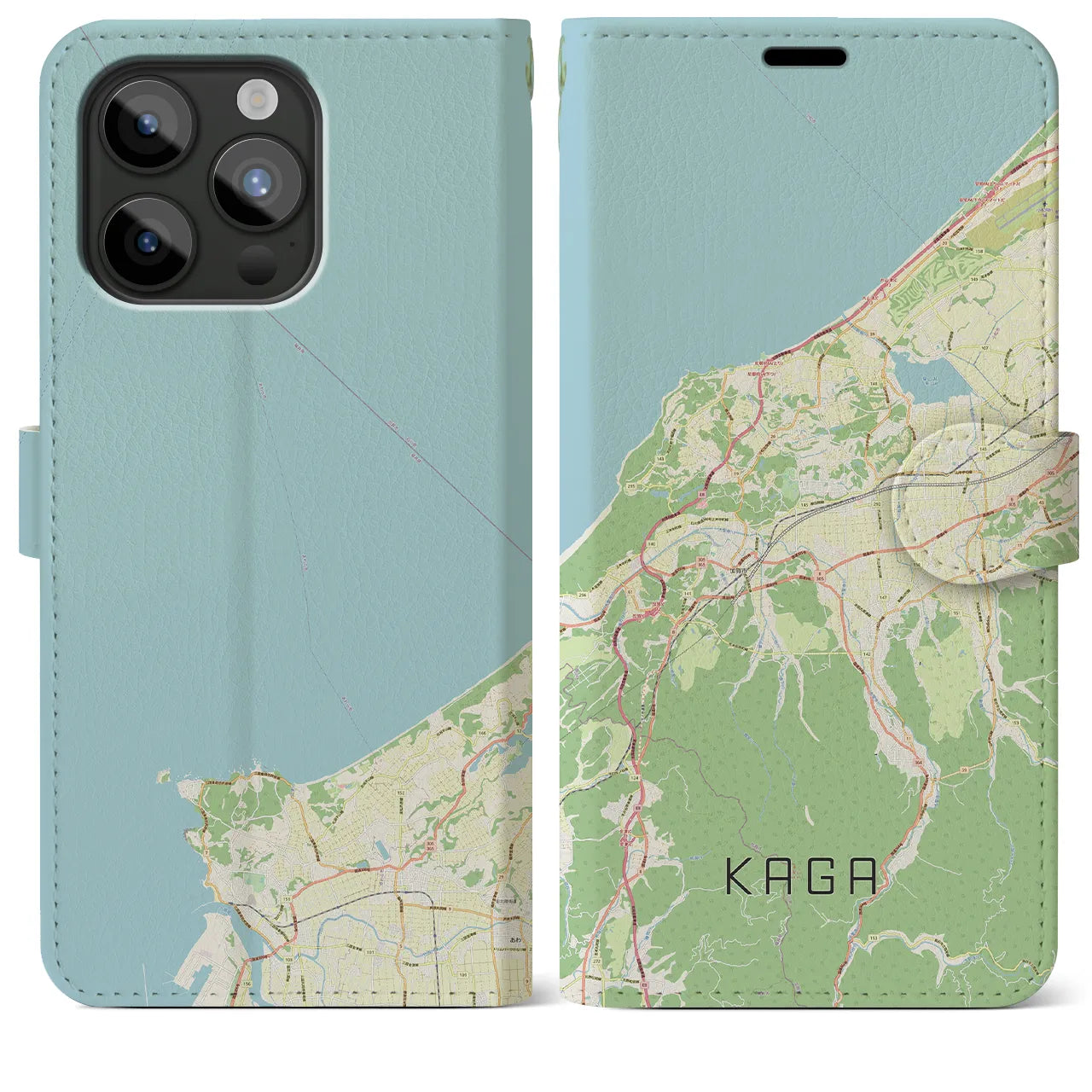 【加賀（石川県）】地図柄iPhoneケース（手帳タイプ）ナチュラル・iPhone 15 Pro Max 用