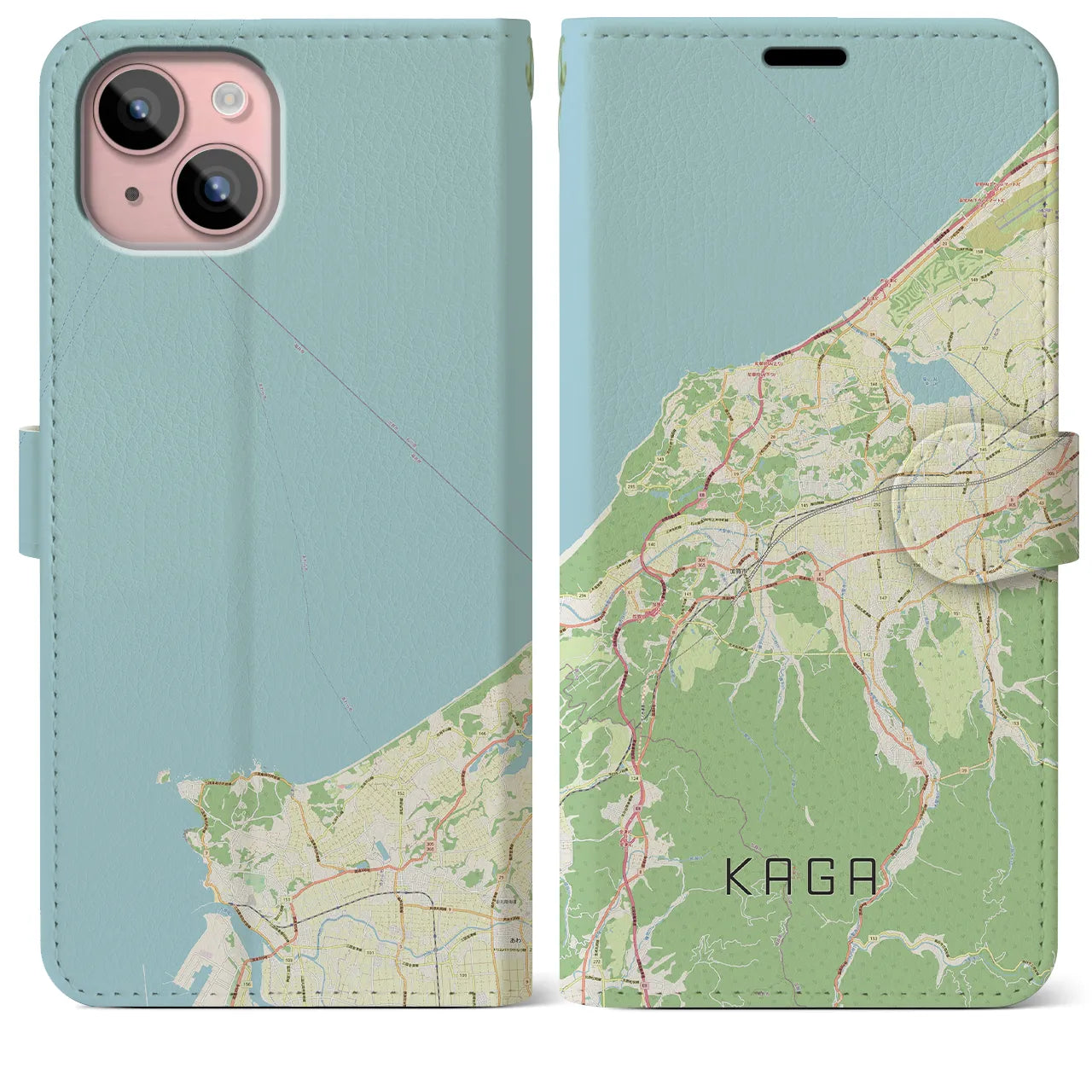 【加賀（石川県）】地図柄iPhoneケース（手帳タイプ）ナチュラル・iPhone 15 Plus 用