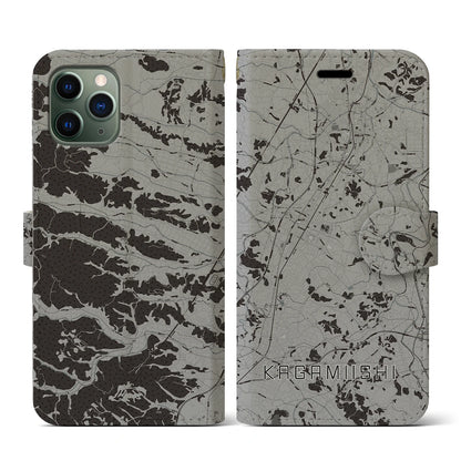 【鏡石（福島県）】地図柄iPhoneケース（手帳タイプ）モノトーン・iPhone 11 Pro 用