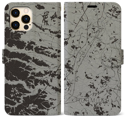 【鏡石（福島県）】地図柄iPhoneケース（手帳タイプ）モノトーン・iPhone 12 Pro Max 用