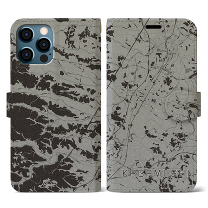 【鏡石（福島県）】地図柄iPhoneケース（手帳タイプ）モノトーン・iPhone 12 / 12 Pro 用