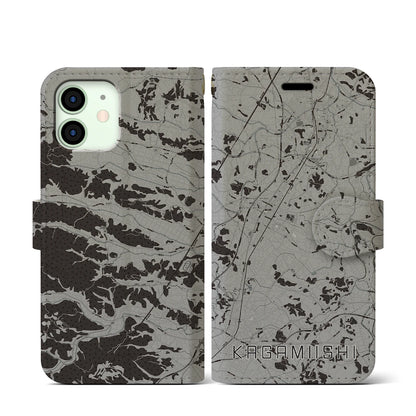 【鏡石（福島県）】地図柄iPhoneケース（手帳タイプ）モノトーン・iPhone 12 mini 用