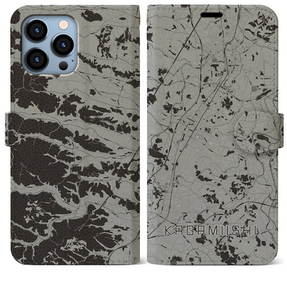 【鏡石（福島県）】地図柄iPhoneケース（手帳タイプ）モノトーン・iPhone 13 Pro Max 用