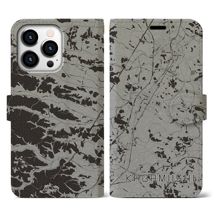 【鏡石（福島県）】地図柄iPhoneケース（手帳タイプ）モノトーン・iPhone 13 Pro 用