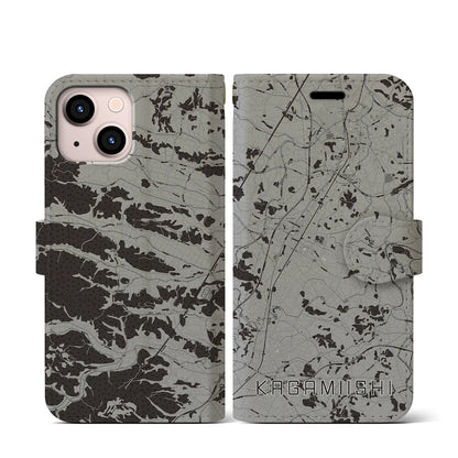 【鏡石（福島県）】地図柄iPhoneケース（手帳タイプ）モノトーン・iPhone 13 mini 用