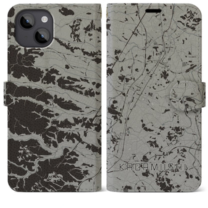 【鏡石（福島県）】地図柄iPhoneケース（手帳タイプ）モノトーン・iPhone 14 Plus 用