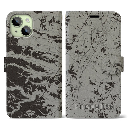 【鏡石（福島県）】地図柄iPhoneケース（手帳タイプ）モノトーン・iPhone 15 用