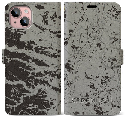 【鏡石（福島県）】地図柄iPhoneケース（手帳タイプ）モノトーン・iPhone 15 Plus 用